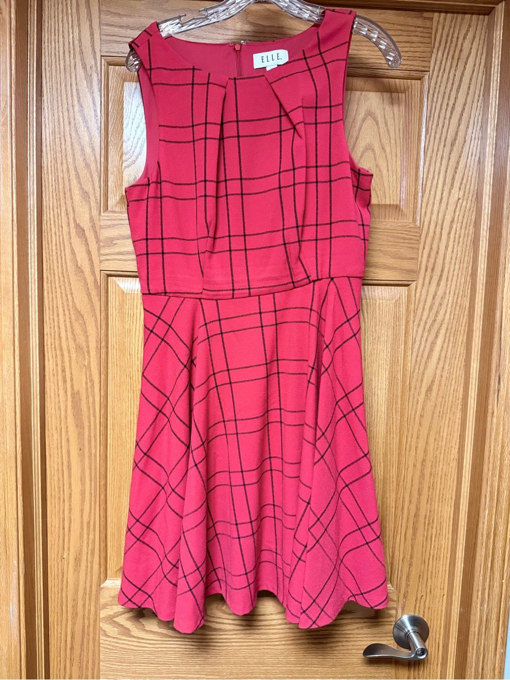 ELLE Womens Red Plaid Fit-and-Flare Dress